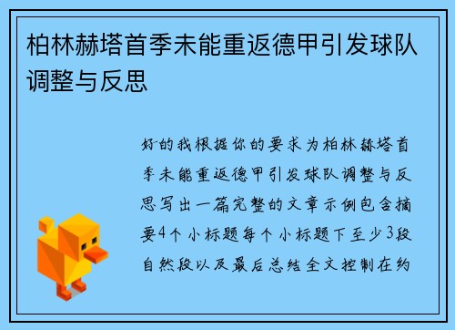 柏林赫塔首季未能重返德甲引发球队调整与反思